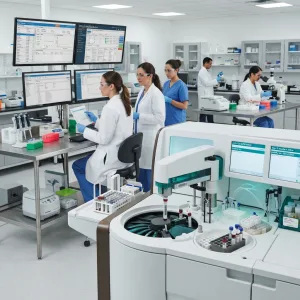 High-throughput automated clinical chemistry analyzer processing samples in a busy medical laboratory.