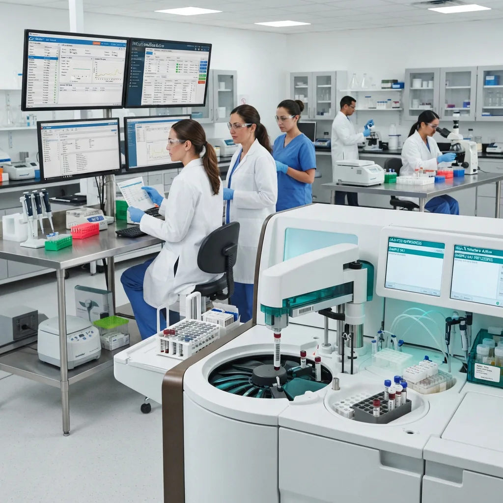High-throughput automated clinical chemistry analyzer processing samples in a busy medical laboratory.