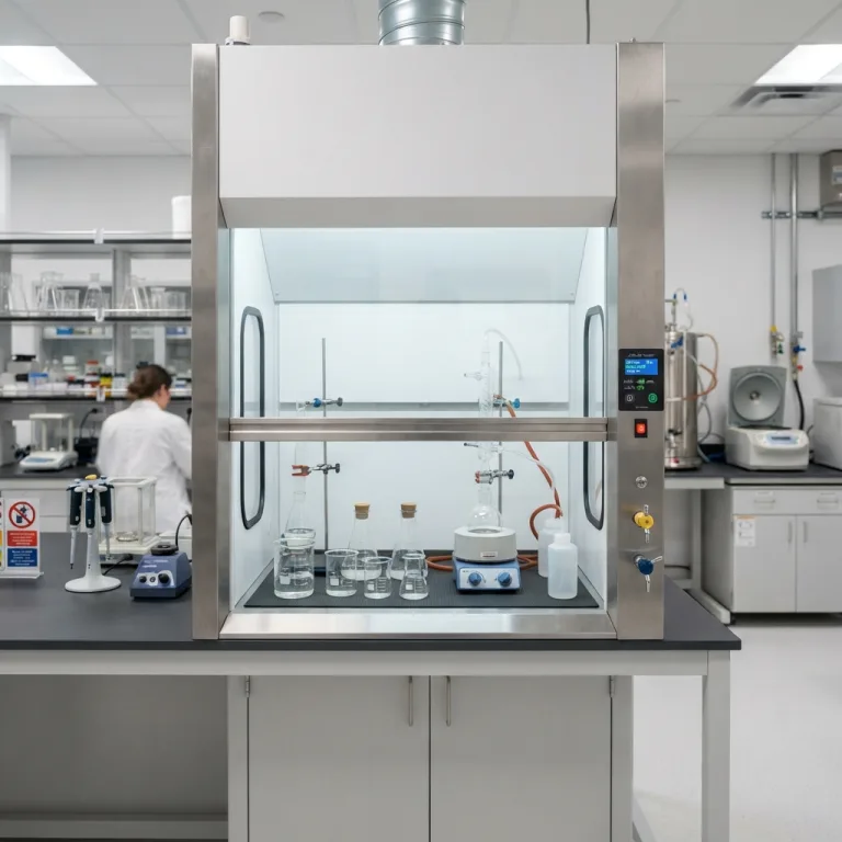 Stainless steel chemical fume hood with scientific glassware setup in a modern laboratory.