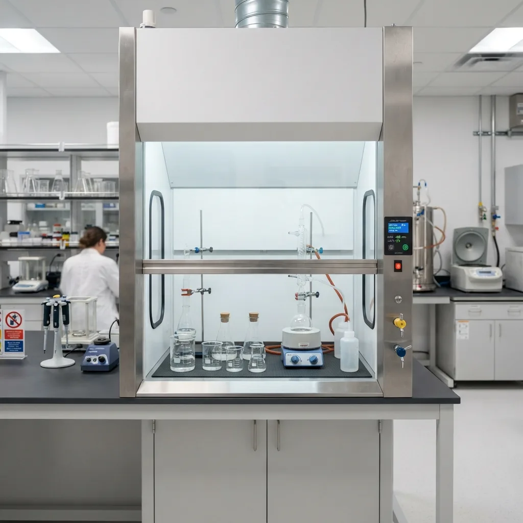 Stainless steel chemical fume hood with scientific glassware setup in a modern laboratory.