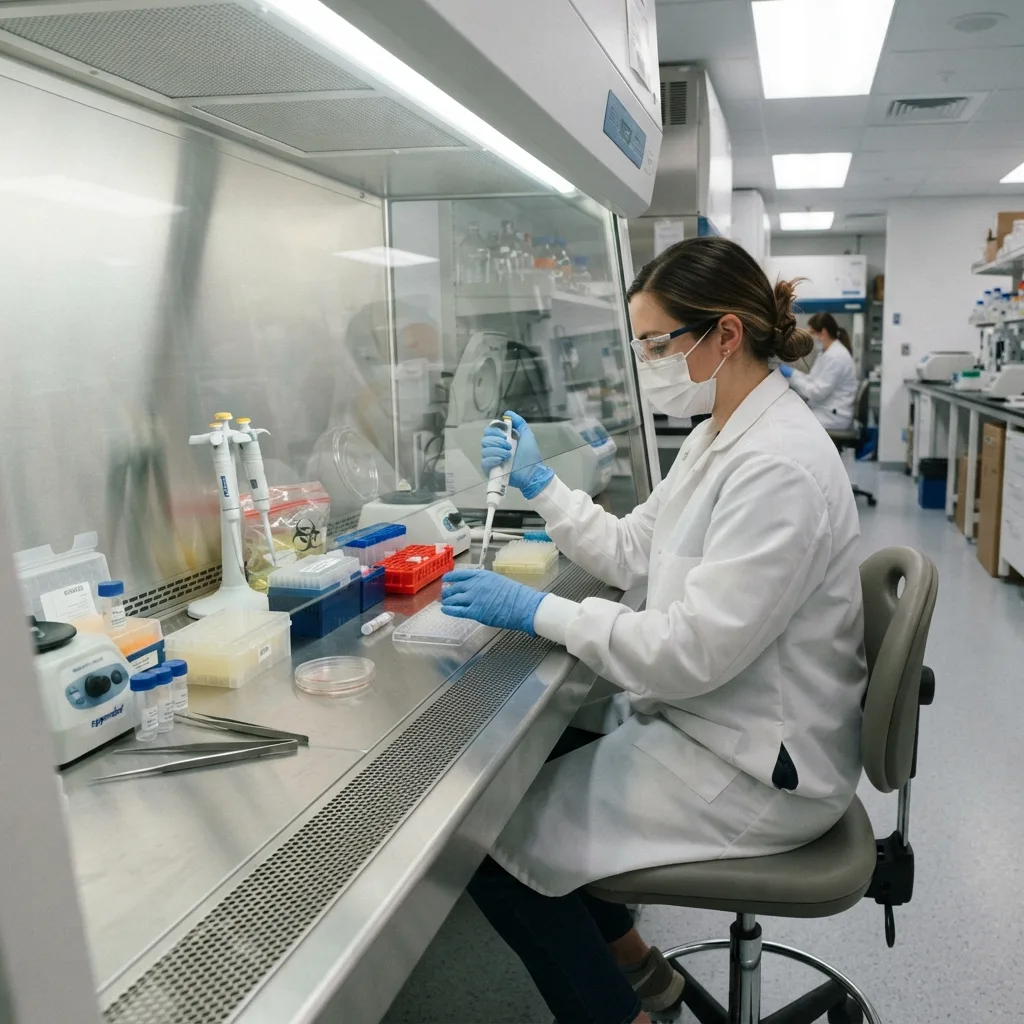 Scientist pipetting biological samples inside a class II biosafety cabinet.