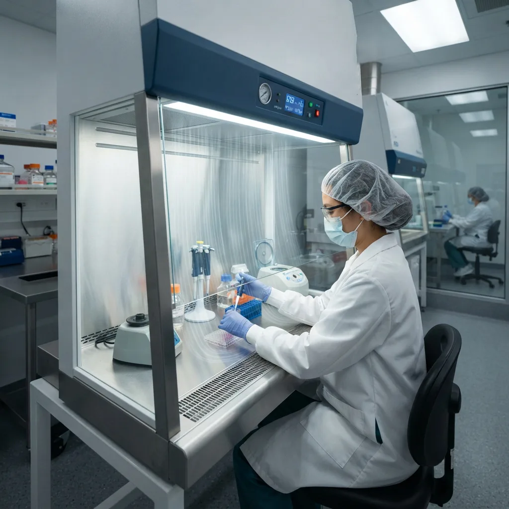 Researcher pipetting samples inside a sterile laboratory clean bench.