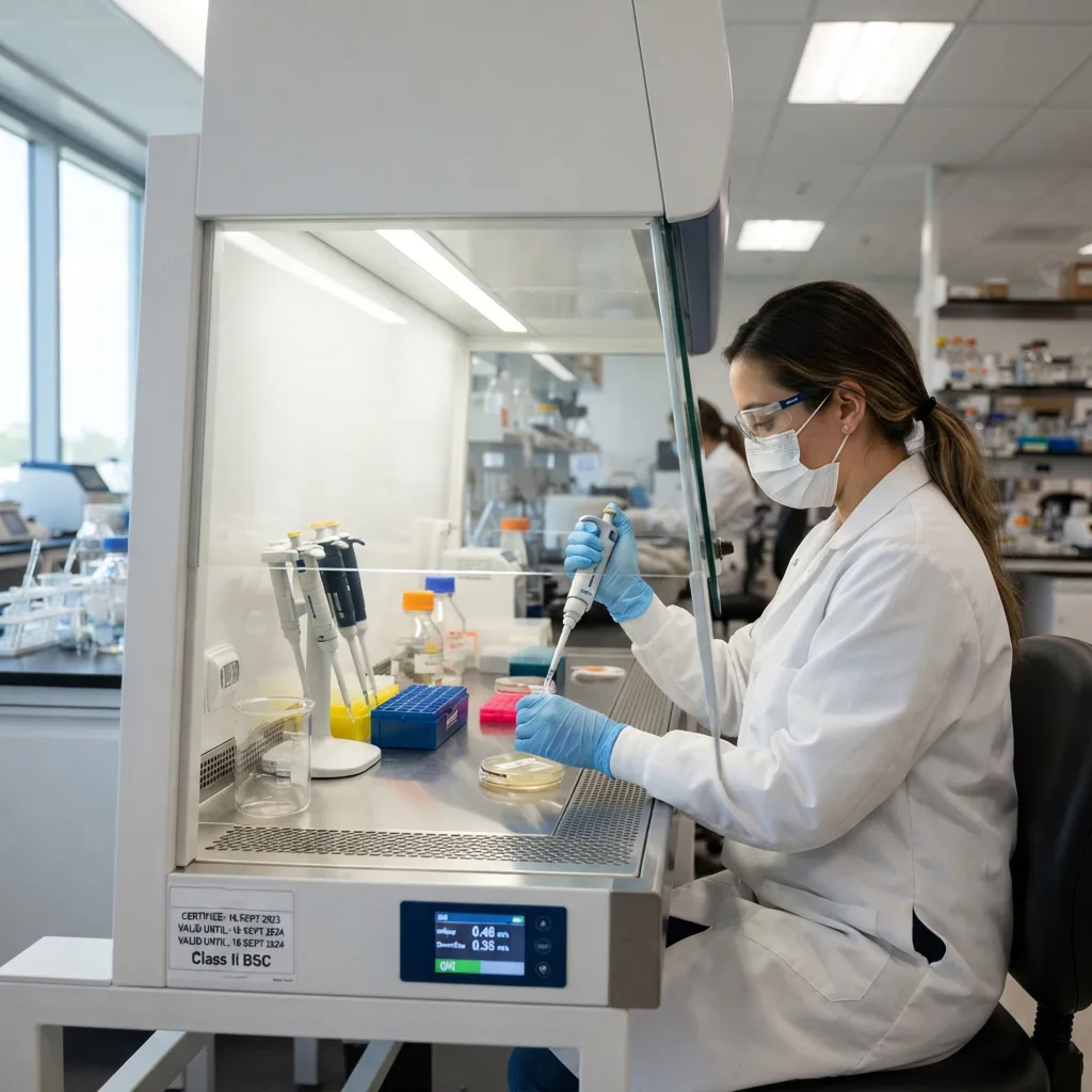 Scientist performing sterile pipetting inside a Class II biological safety cabinet.