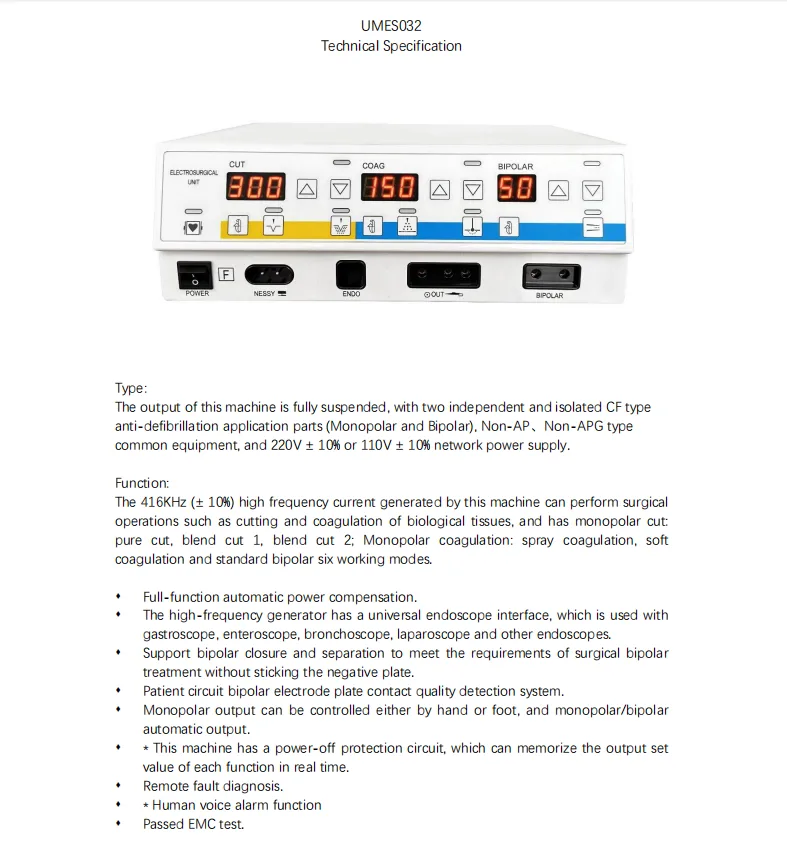 Technical specification sheet and front panel overview of a 416KHz high-frequency electrosurgical generator.
