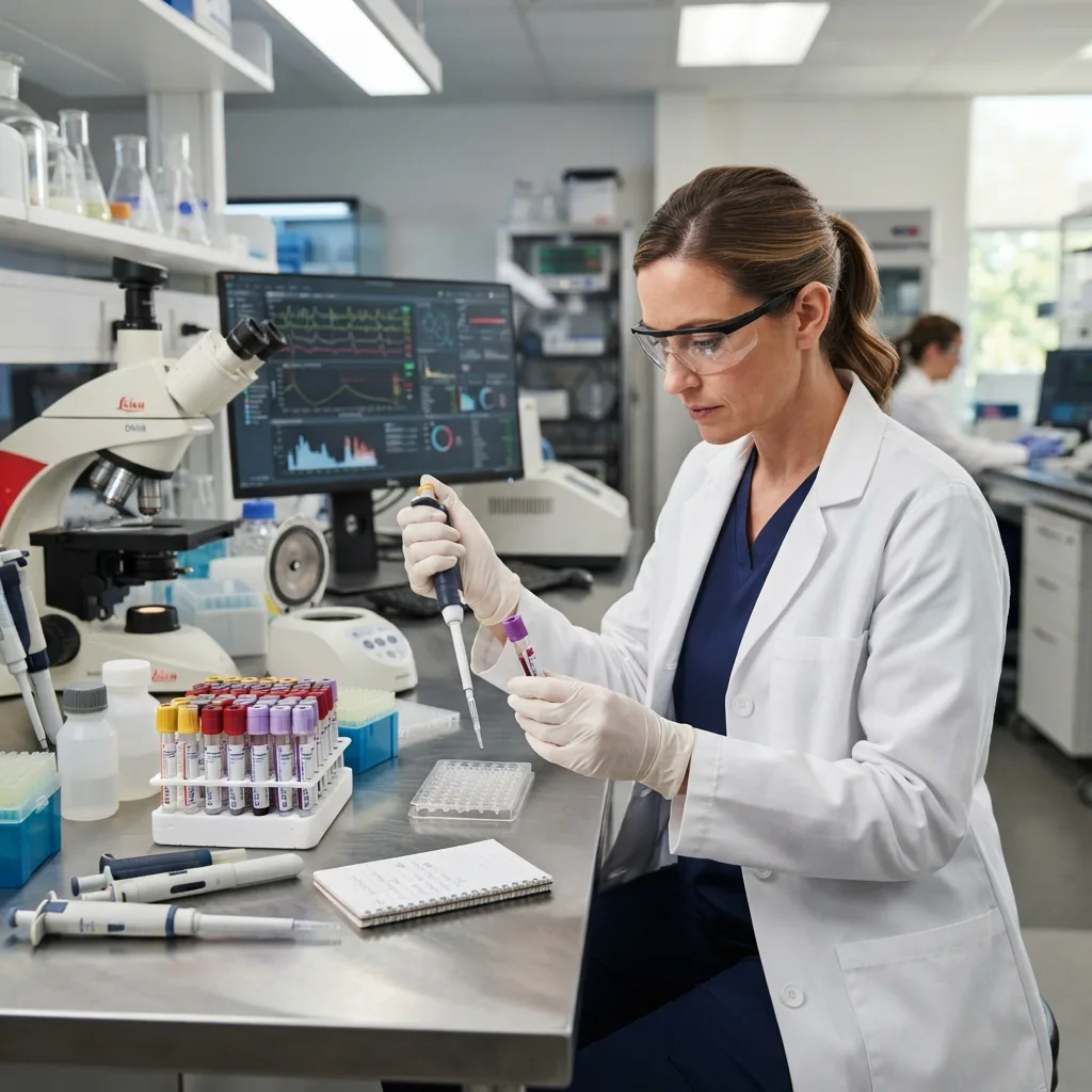Clinical laboratory technician pipetting blood samples for biochemical analysis.