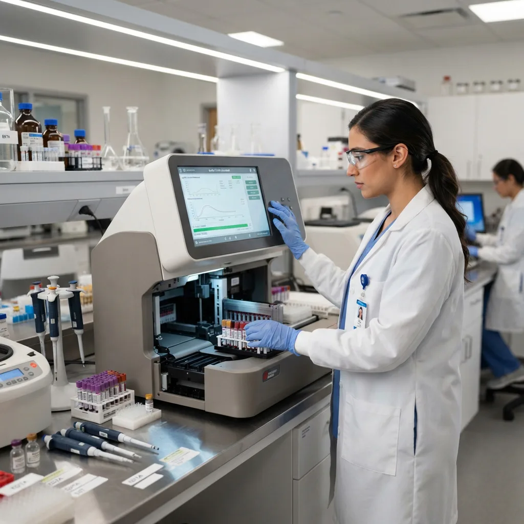 Laboratory technician loading blood sample tubes into an automated clinical chemistry analyzer.