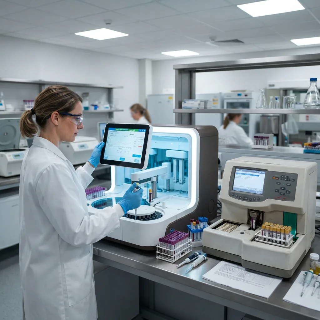 Clinical technician operating a touchscreen automated biochemistry analyzer for blood testing.