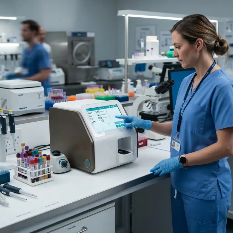 Clinical staff operating the touchscreen interface of a benchtop electrolyte and pH analyzer.