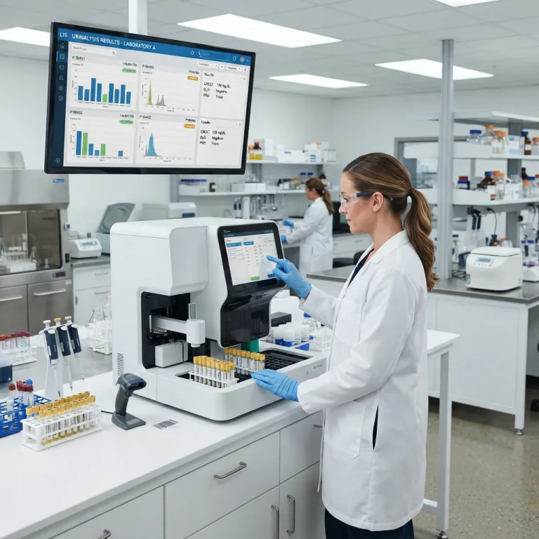 Technician operating an automated urinalysis machine integrated with a Laboratory Information System (LIS).