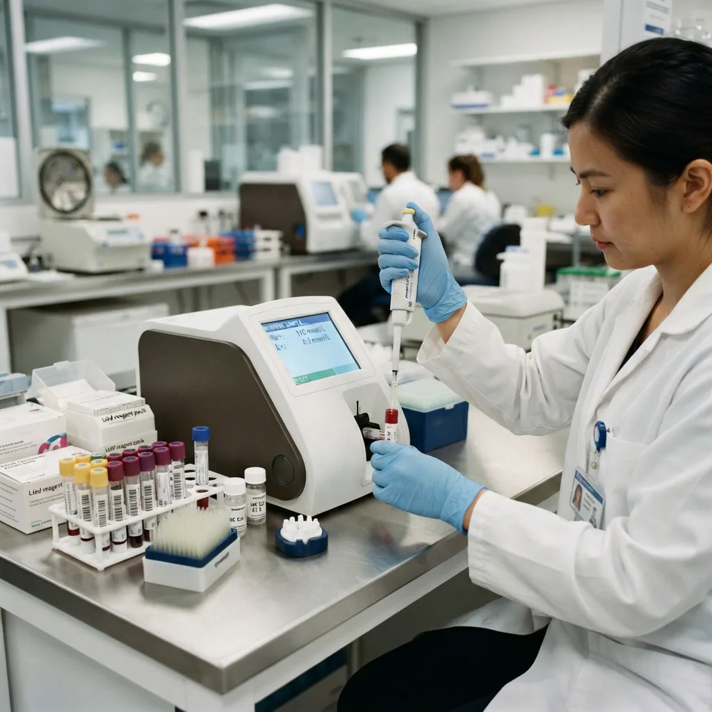 Scientist aspirating a blood sample with a micropipette beside a clinical electrolyte analyzer.