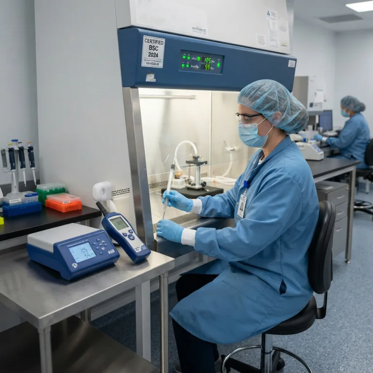 Laboratory technician calibrating airflow of a biosafety cabinet using a digital anemometer.
