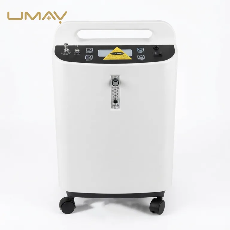 Side profile of a compact mobile medical oxygen concentrator on wheels.