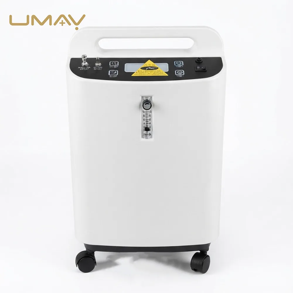 Compact 5L Medical Molecular Sieve Oxygen Concentrator | 0.5-5 L/min Adjustable Flow, Real-Time 95% Purity Blue LCD Display, Dual Metal Oxygen & Nebulizer Outlets, & Recessed Humidifier Bay for COPD Home Care & Clinics