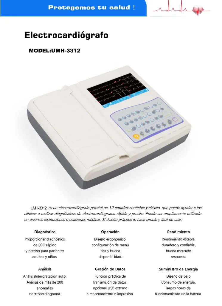 Product brochure cover for a portable 12-channel electrocardiograph summarizing core diagnostic advantages.